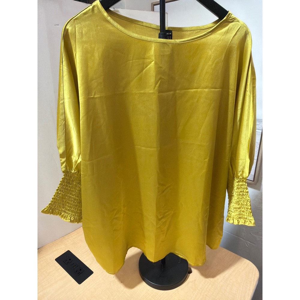 Shein Mustard Yellow Satin Smocked Cuff Blouse Gold Hardware Back Detail XL